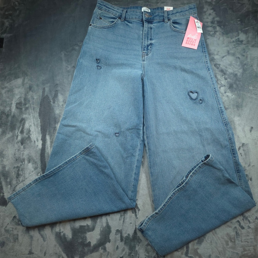 Mills by Millie Bobby Brown Heart Cut Out Wide Leg Jeans Indigo Blue Womens 14